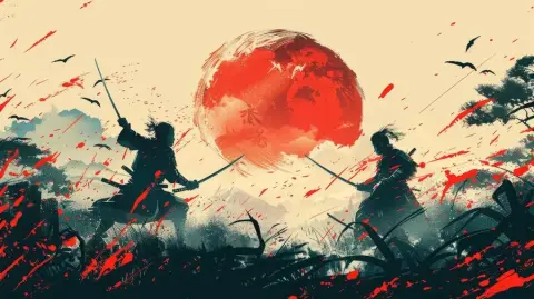 Hai samurai bóng mờ đấu nhau dưới mặt trời đỏ