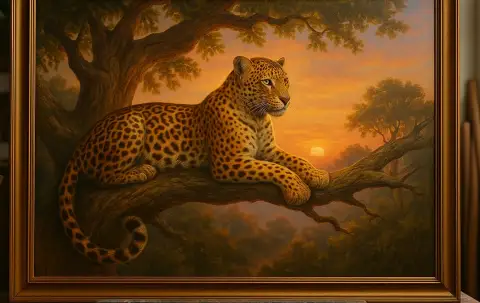 Oil painting of a leopard reclining on a tree branch against a glowing orange sunset sky