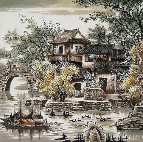 Serene Water Village Scene