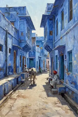 Oil painting of a sunlit blue city alley in India with a cow and a man in an orange turban