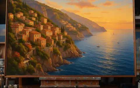 Oil painting of terracotta-roofed houses on a cliff above the sea at golden sunset.
