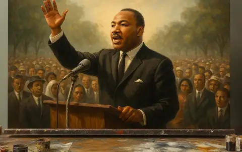 Oil painting of a man in a suit giving a speech to a crowd, hand raised