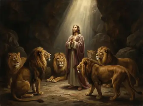 Oil painting of Daniel praying in a shaft of light surrounded by six lions in a stone den