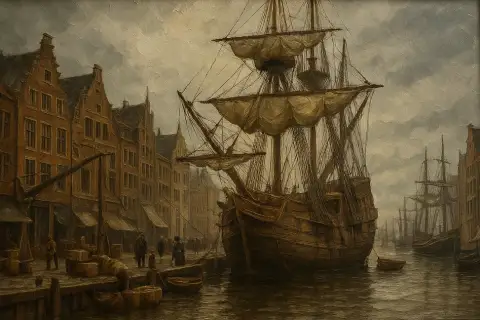 Oil painting of the Mayflower ship docked at an old Amsterdam quay