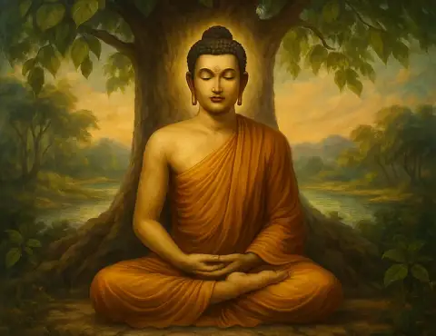 Oil painting of a Buddha seated in meditation beneath a golden-lit Bodhi tree