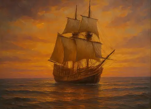 Oil painting of the Mayflower ship under full sail against an orange sunset