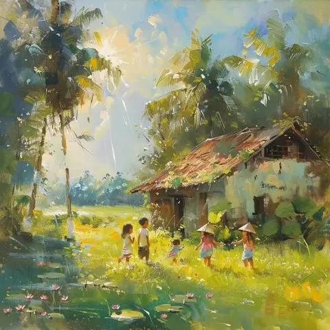 Los Niños de la Aldea de Vietnam Jugando en el Campo