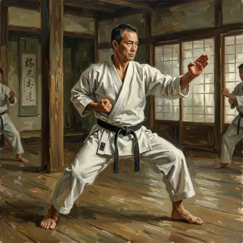 Oil painting of a martial artist in a white gi holding a karate kata stance in a wooden dojo