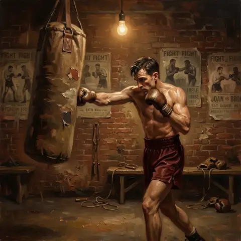 Oil painting of a boxer punching a heavy bag in a dim, brick-walled vintage gym