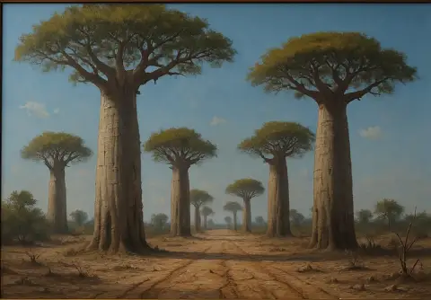Oil painting of an avenue of tall baobab trees lining a dirt road under a clear blue sky