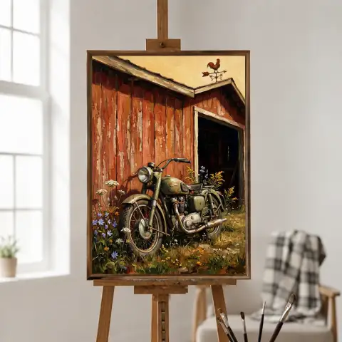 Vintage Motorcycle Leaning Against a Country Barn