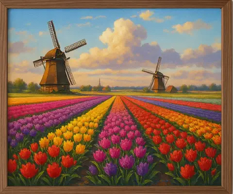 Oil painting of bold tulip rows and two windmills under a bright blue sky with clouds
