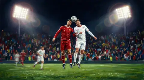 Oil painting of two soccer players leaping for a header under stadium floodlights at night