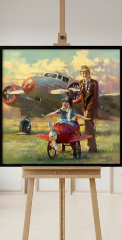 Oil painting of a man and young child with a toy plane beside a vintage propeller airplane