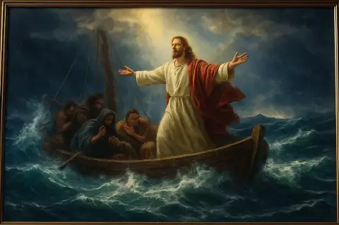 Oil painting of Jesus standing in a boat calming a stormy sea as disciples huddle nearby