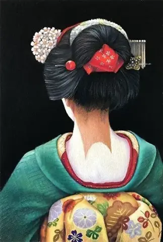 Geisha Nhật Bản trong bộ kimono màu xanh