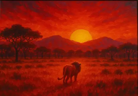 Oil painting of a lion silhouetted against a fiery red and orange savanna sunset