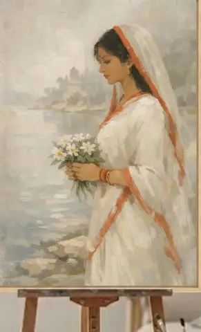 Oil painting of a woman in a white and orange saree holding white flowers beside a misty, temple-lined river