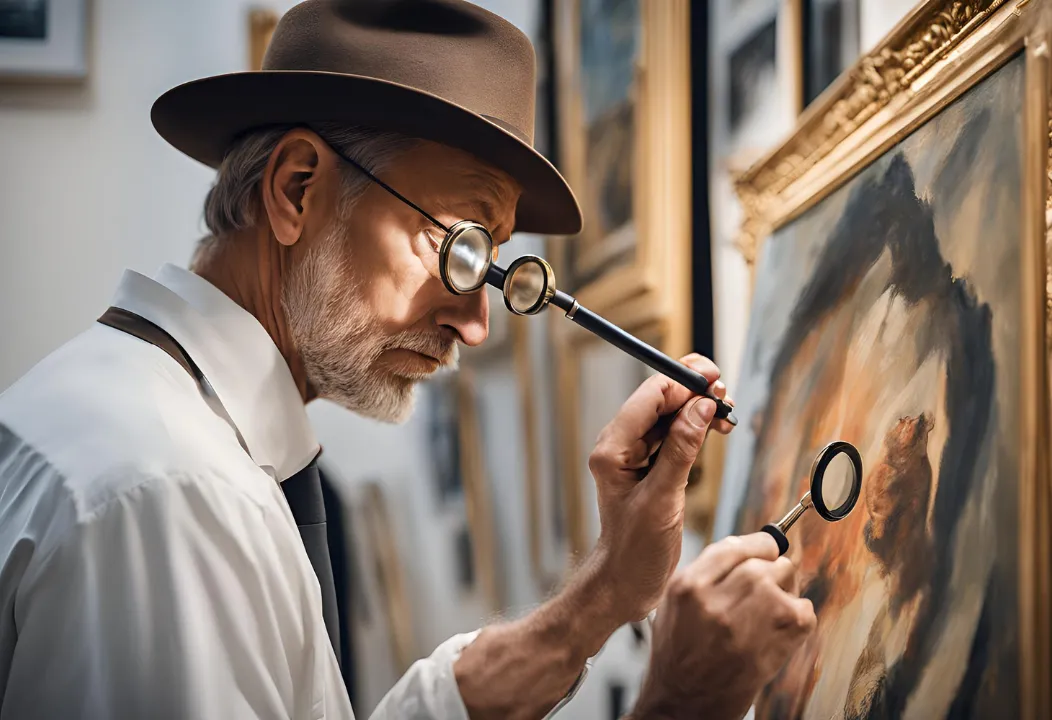 An art expert carefully examining a painting with a magnifying glass, checking for authenticity marks and documentation.