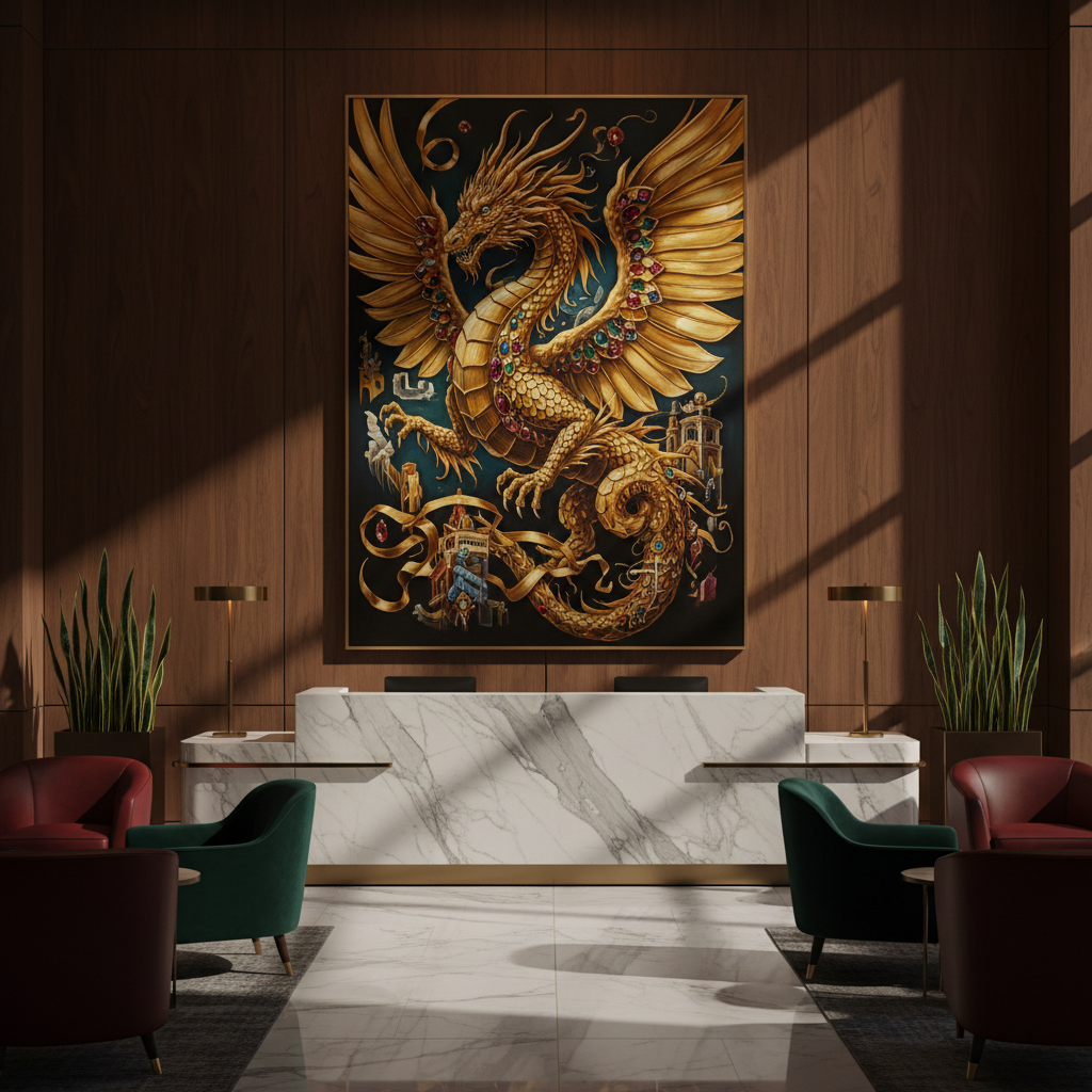 Gull drage maleri for dristige, høyenergiske kontorvegger, image size:1024x1024